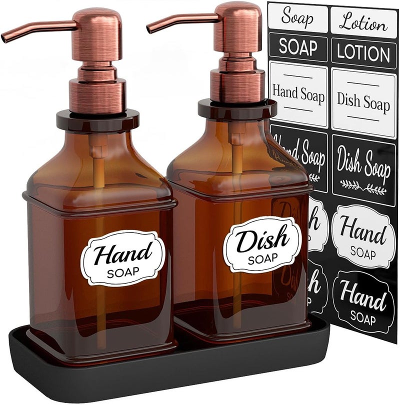 LMQML Soap Dispenser - 2 Pack, Antique Design Thick Amber Glass Hand Soap Dispensers with Sturdy Tray; 304 Rust Proof Stainless Steel Black Pump, 12Pcs Stickers, for Kitchen, Bathroom -Brushed Copper - Image 1